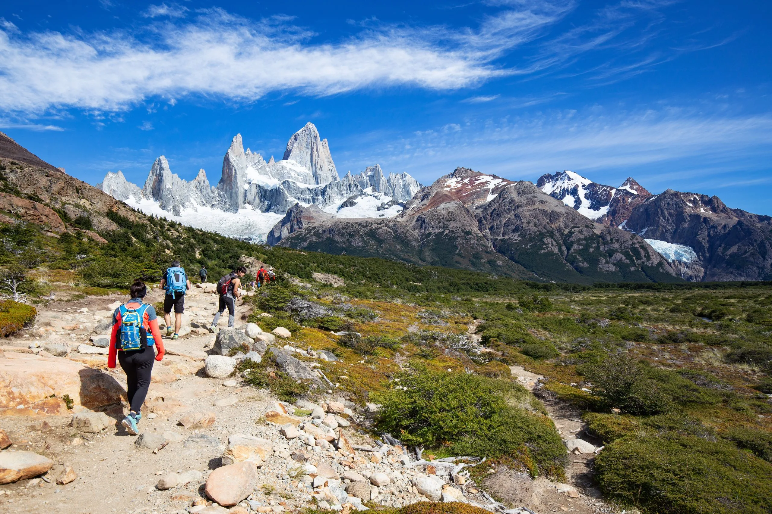 EL CHALTEN, ARGENTINA - CIRCA FEBRUARY 2020 - Tourists trekking along the friz roy trail in Patagonia, Argentina