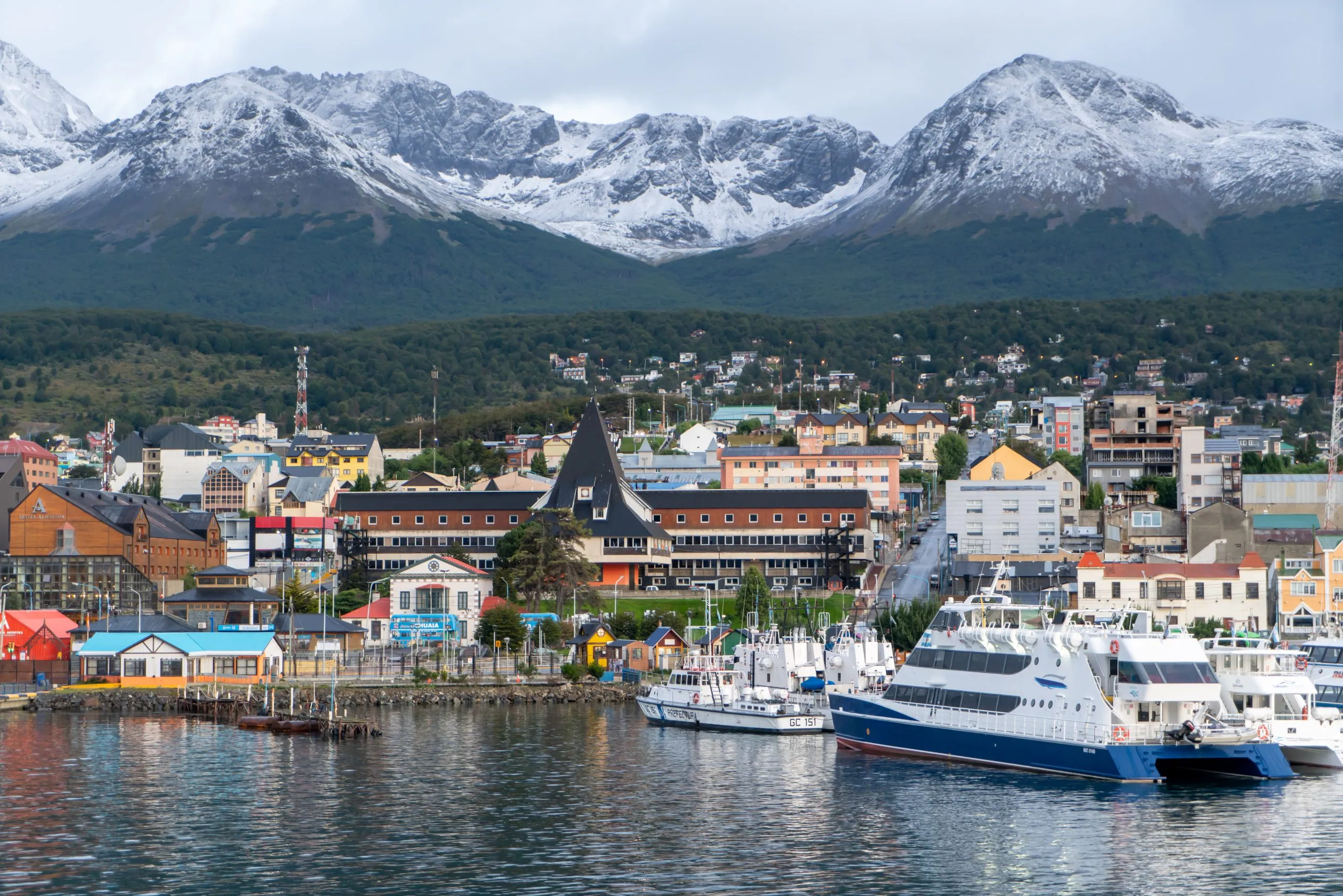 Argentina, Patagonia, in the city of Ushuaia. View on the Harbour from the sea side.